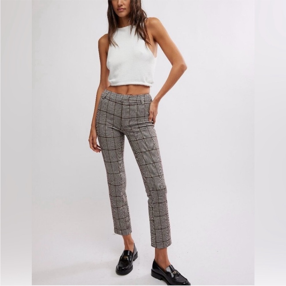 Free People Molly Brown and White Slim Plaid Pants